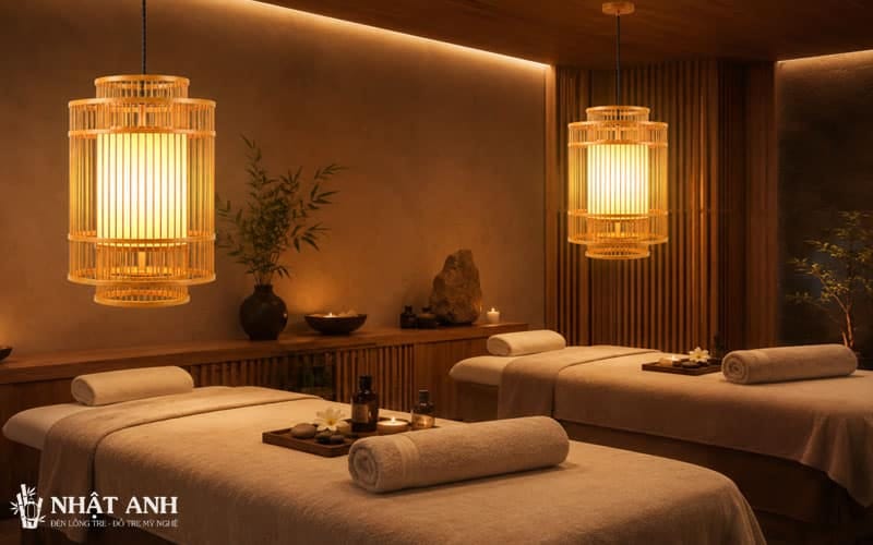 Đèn Hai Tầng tre đan phù hợp decor spa, phòng yoga và không gian thiền, mang ánh sáng dịu ấm, giúp tạo cảm giác thư giãn, tĩnh lặng