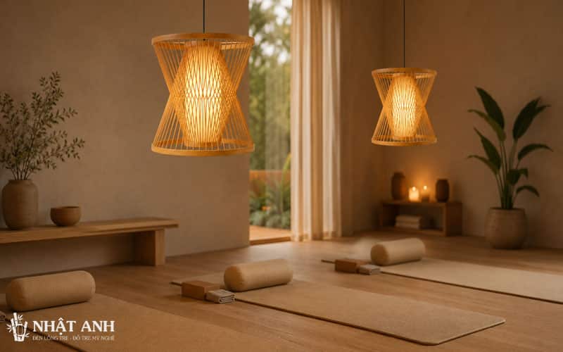 Đèn Mây Tre Hình Chuông Gom Sáng cho spa, yoga, thiền định với ánh sáng ấm dịu, lọc qua nan tre tự nhiên, tạo cảm giác thư giãn và yên tĩnh