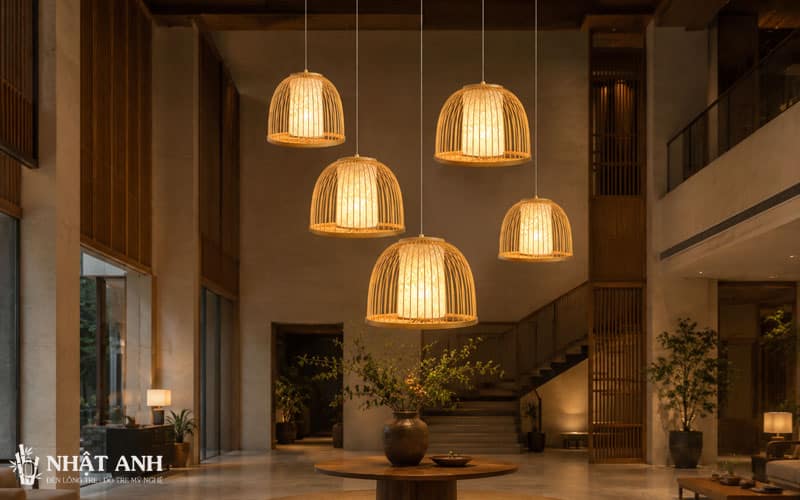 Đèn thả trần mây tre đan dáng lồng vòm phù hợp phong cách Indochine, Rustic, Japandi, Tropical, tạo điểm nhấn ấm áp và sang trọng
