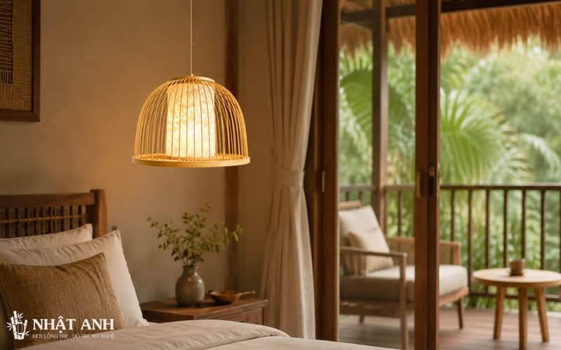 Đèn thả trần mây tre đan cho homestay, resort và khách sạn boutique, ánh sáng ấm nhẹ, chất liệu tự nhiên, hài hòa với không gian nghỉ dưỡng.