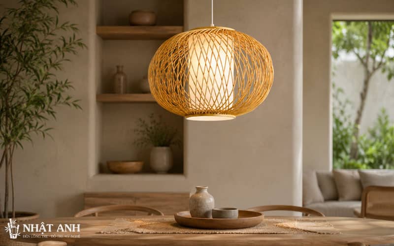 Mẫu Đèn Tre Hình Đĩa Bay Chống Mọt đan tre 2 lớp, ánh sáng vàng dịu, chống chói, phù hợp decor quán cafe, homestay, nhà hàng.