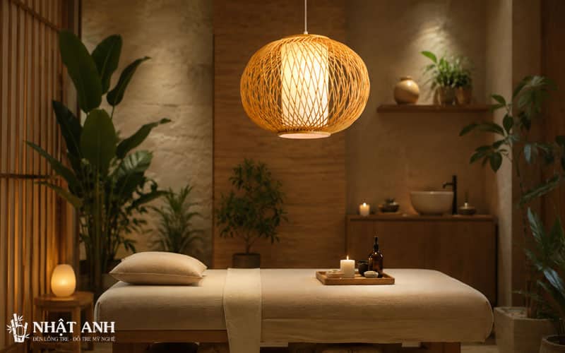 Đèn Tre Hình Đĩa Bay Chống Mọt ánh sáng dịu nhẹ, phù hợp spa, yoga, thiền định, giúp không gian thư giãn ấm áp và tự nhiên.