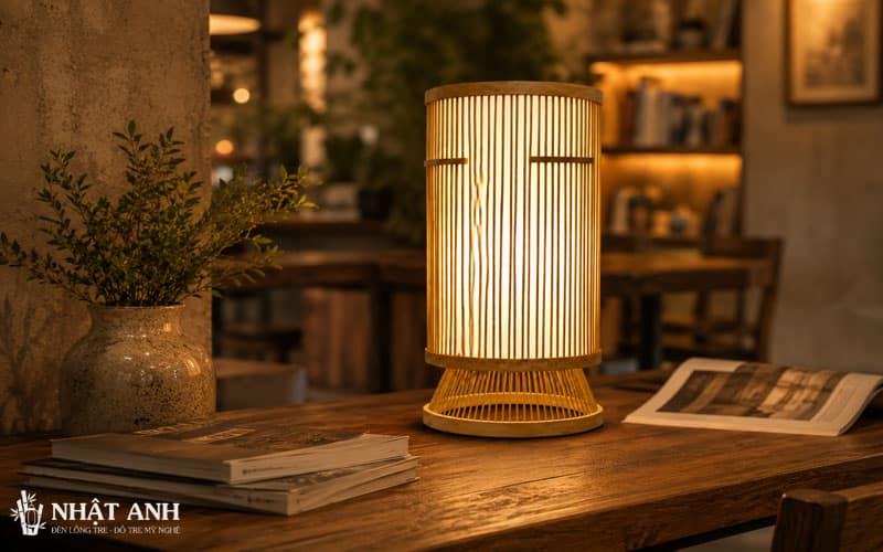 Đèn tre để bàn lồng chim thiết kế dáng trụ đẹp mắt, ánh sáng ấm chống chói, làm từ tre tự nhiên bền đẹp, phù hợp decor phòng ngủ, quán cafe, homestay.