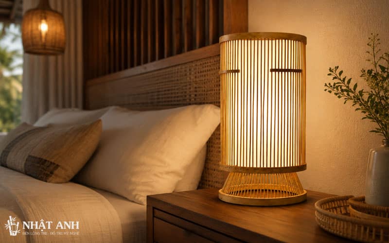 Đèn tre để bàn lồng chim phù hợp decor phòng ngủ khách sạn boutique, homestay, resort, mang ánh sáng ấm áp và vẻ đẹp mộc mạc gần gũi thiên nhiên.